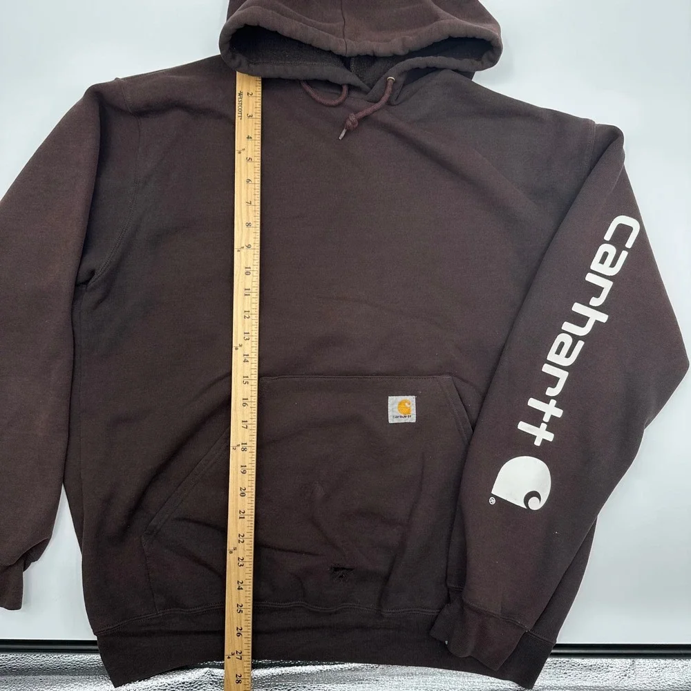 Carhartt K288 DKB Mens Large Brown Midweight Logo Sleeve Hoodie Thrashed READ - Picture 4 of 10